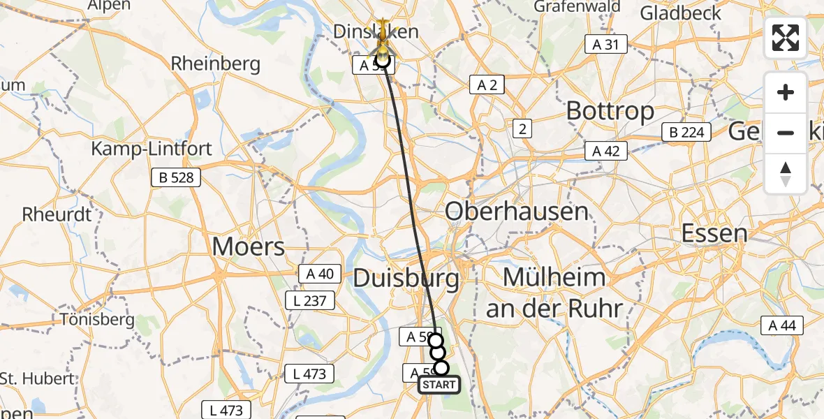 Flugroute Rettungshubschrauber Duisburg Air Rescue Hubschrauberlandeplatz (Christoph 9) - Dinslaken, 02 Mai 2026, 12:23