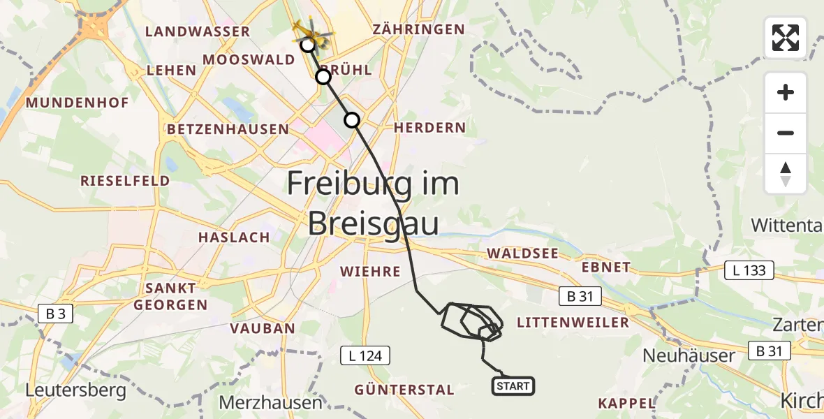 Flugroute Rettungshubschrauber Freiburg im Breisgau - Freiburg im Breisgau Flugplatz, 02 Mai 2026, 12:24