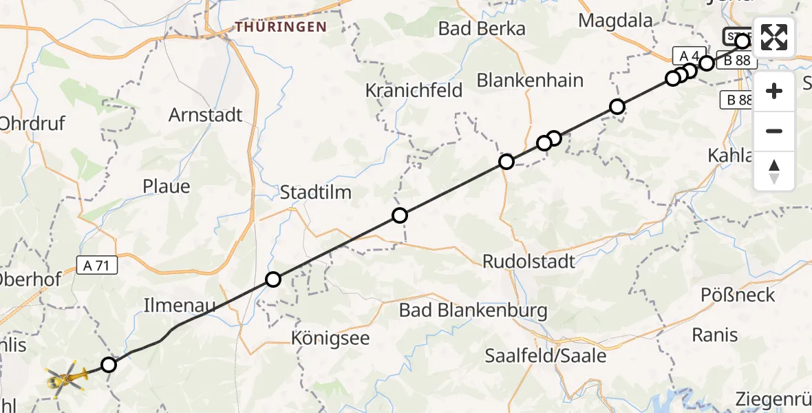 Flugroute Rettungshubschrauber Lobeda Hubschrauberlandeplatz - Suhl, 02 Mai 2026, 12:25