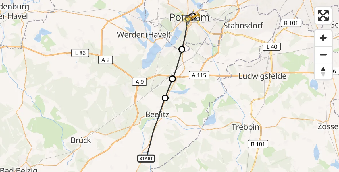 Flugroute Rettungshubschrauber Beelitz - Ernst von Bergmann Clinic Hubschrauberlandeplatz, 02 Mai 2026, 12:29