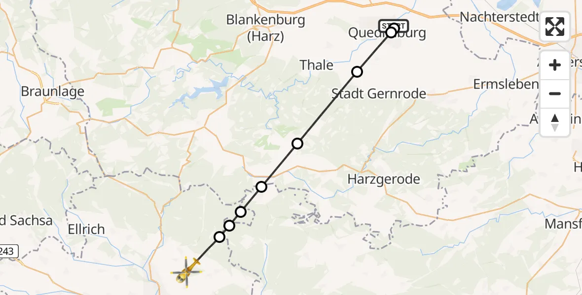 Flugroute Rettungshubschrauber Harz Hospital Quedlinburg - Nordhausen, 02 Mai 2026, 12:29