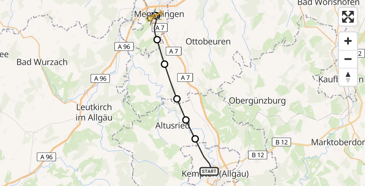 Flugroute Rettungshubschrauber Kempten (Allgäu) - Memmingen Hospital, 02 Mai 2026, 12:31