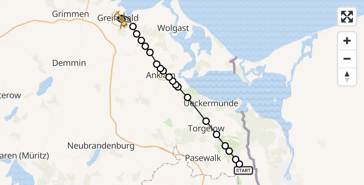 Flugroute Rettungshubschrauber Plöwen - Greifswald Hospital, 02 Mai 2026, 12:32