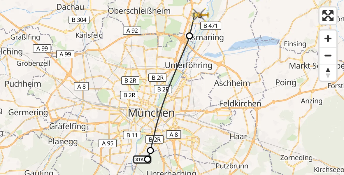 Flugroute Rettungshubschrauber ADAC Air Rescue Center Hubschrauberlandeplatz (Christoph 1) - Garching b.München, 02 Mai 2026, 12:35