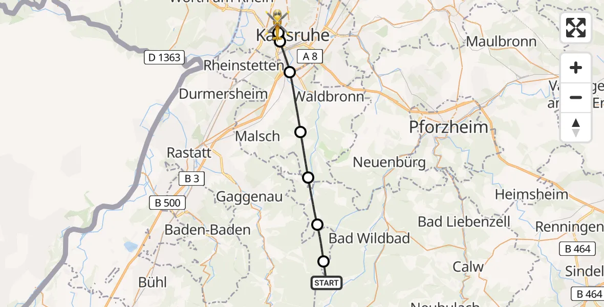 Flugroute Rettungshubschrauber Bad Wildbad - Karlsruhe, 02 Mai 2026, 12:37