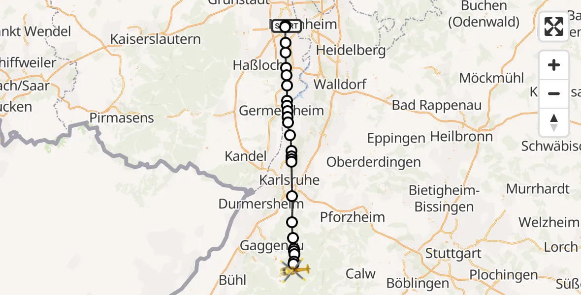 Flugroute Rettungshubschrauber Ludwigshafen Accident Hospital - Gernsbach, 02 Mai 2026, 12:37