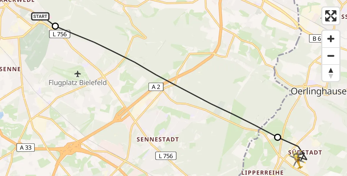 Flugroute Rettungshubschrauber Luftrettungszentrum Bielefeld - Oerlinghausen, 02 Mai 2026, 12:38