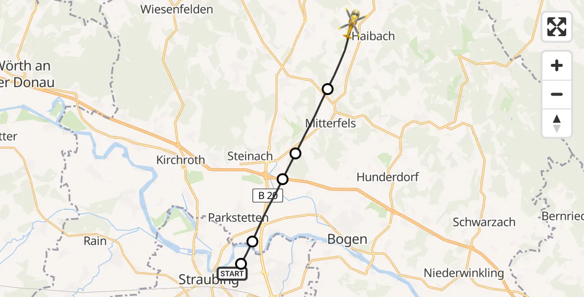 Flugroute Rettungshubschrauber Sankt Elisabeth Hospital Straubing - Haibach, 02 Mai 2026, 12:40