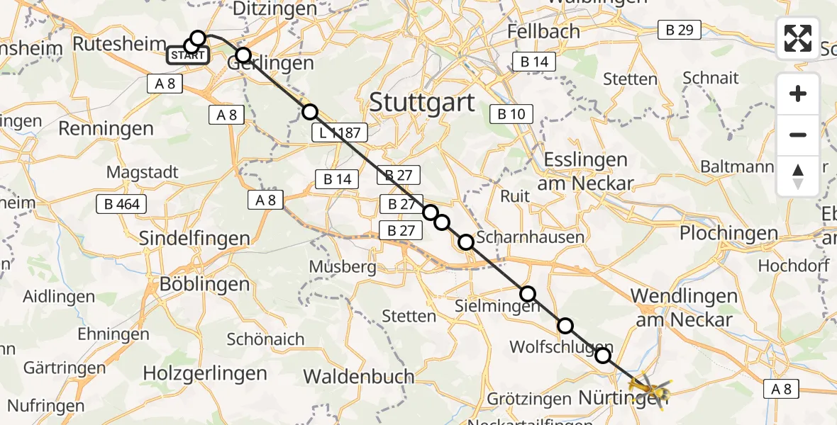 Flugroute Rettungshubschrauber Leonberg Hospital - Nürtingen, 02 Mai 2026, 12:41