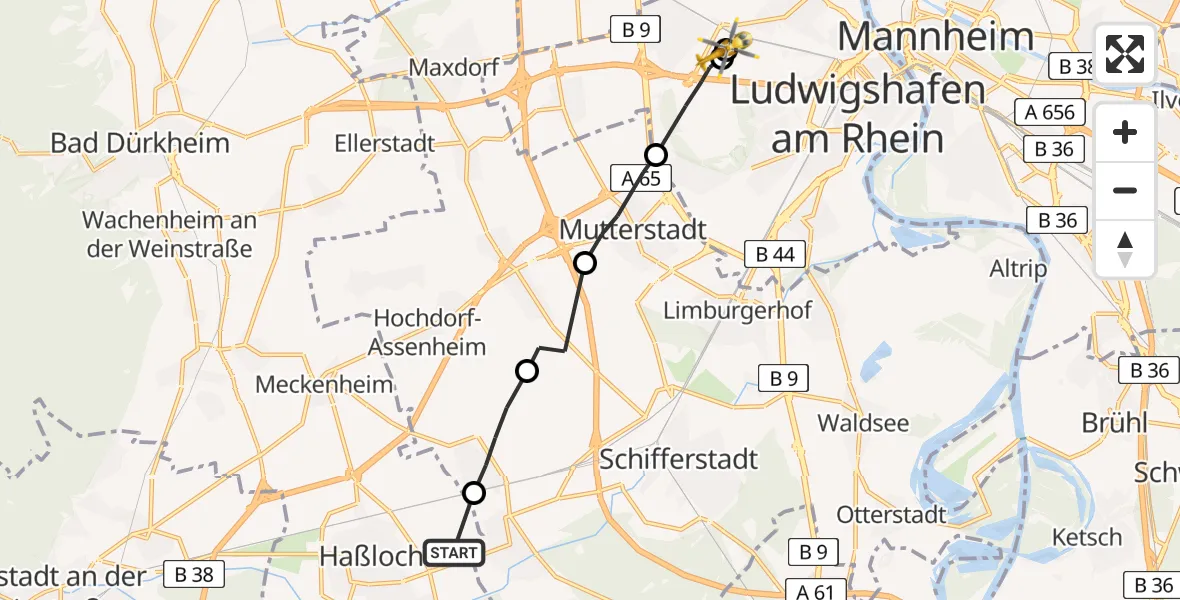 Flugroute Rettungshubschrauber Haßloch - Ludwigshafen Accident Hospital, 02 Mai 2026, 12:53
