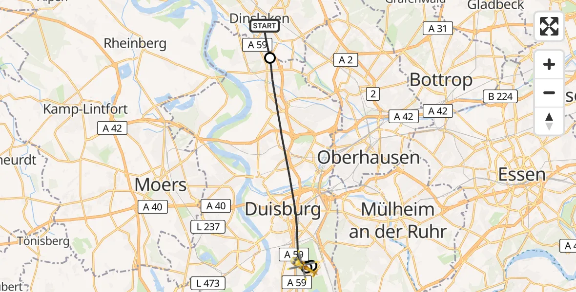 Flugroute Rettungshubschrauber Dinslaken - Sana Clinic Duisburg Hubschrauberlandeplatz, 02 Mai 2026, 12:54