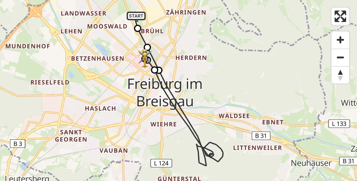 Flugroute Rettungshubschrauber Freiburg im Breisgau Flugplatz - Freiburg University Hospital Heliport 1, 02 Mai 2026, 12:56