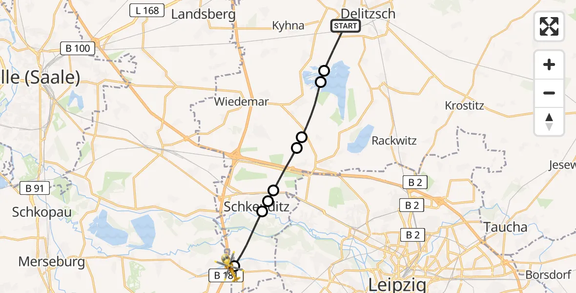 Flugroute Rettungshubschrauber Delitzsch - ADAC Air Rescue Station Leipzig/Schkeuditz-Dölzig Hubschrauberlandeplatz (Christoph 61), 02 Mai 2026, 13:00
