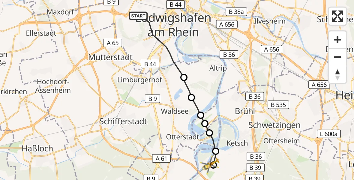 Flugroute Rettungshubschrauber Ludwigshafen am Rhein - Flugplatz Herrenteich, 02 Mai 2026, 13:06