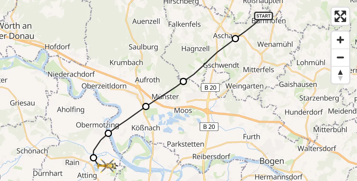 Flugroute Rettungshubschrauber Haselbach - Atting, 02 Mai 2026, 13:07