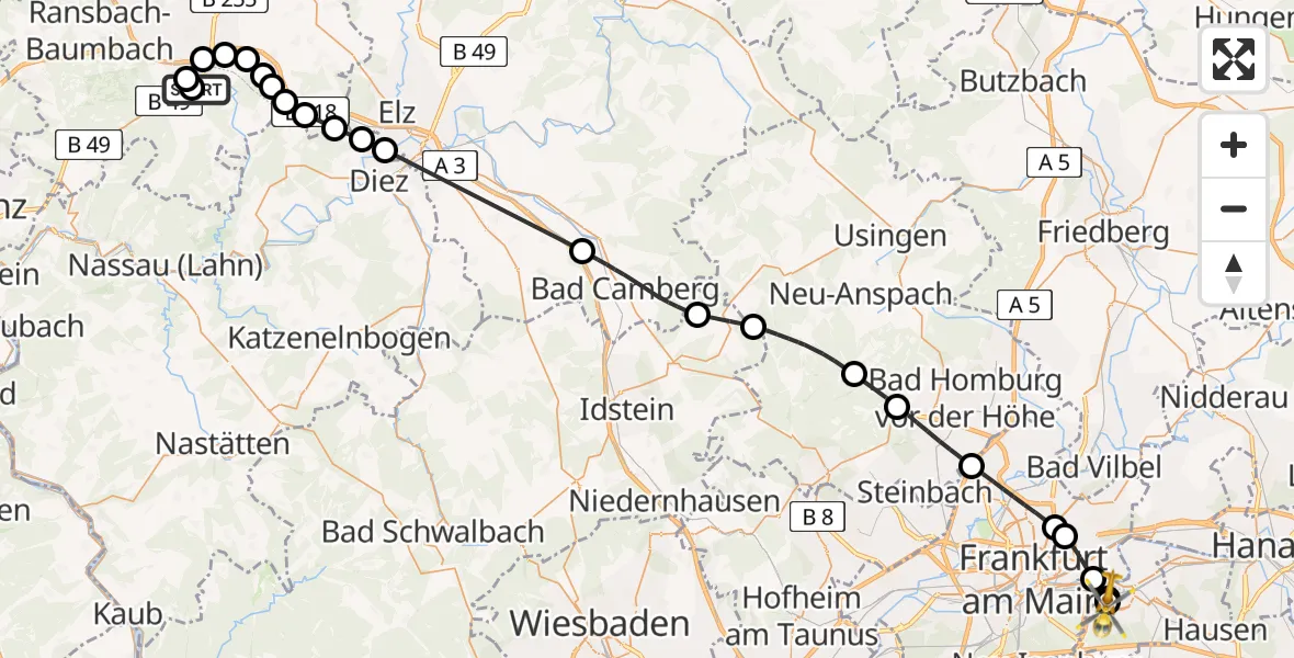 Flugroute Rettungshubschrauber Catholic Hospital Koblenz-Montabaur - Sana Hospital Offenbach, 02 Mai 2026, 13:08