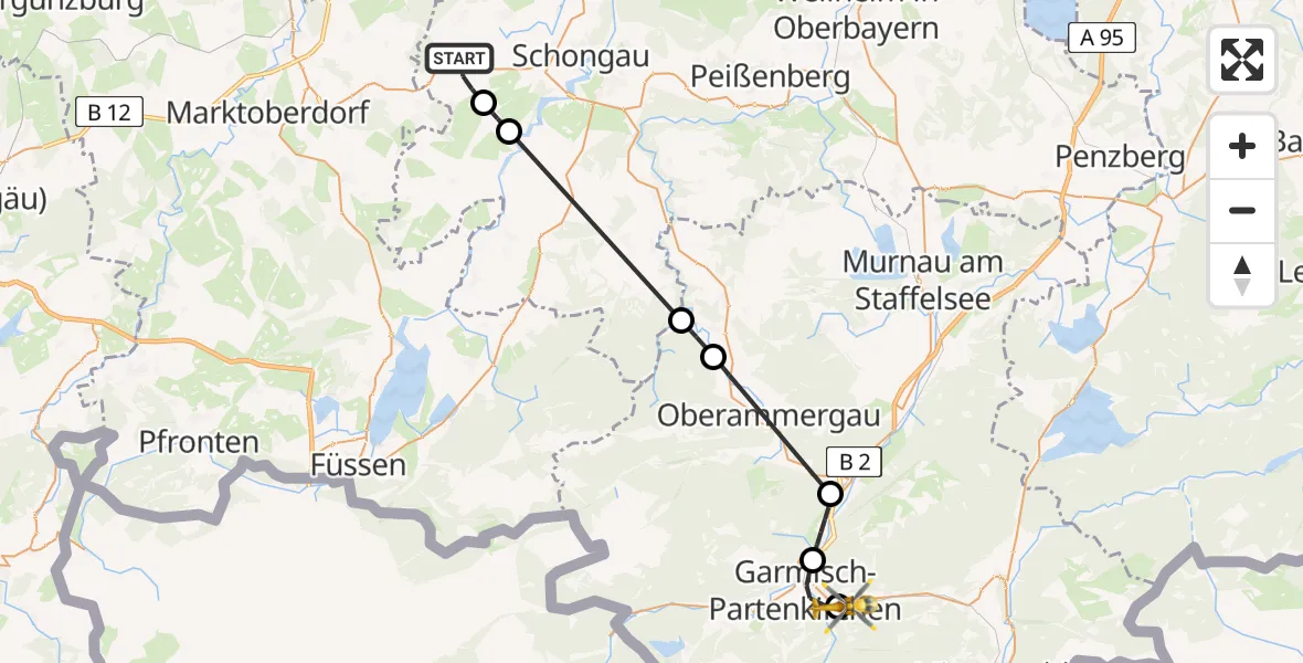 Flugroute Rettungshubschrauber Ingenried - Garmisch-Partenkirchen Clinic Hubschrauberlandeplatz, 02 Mai 2026, 13:12