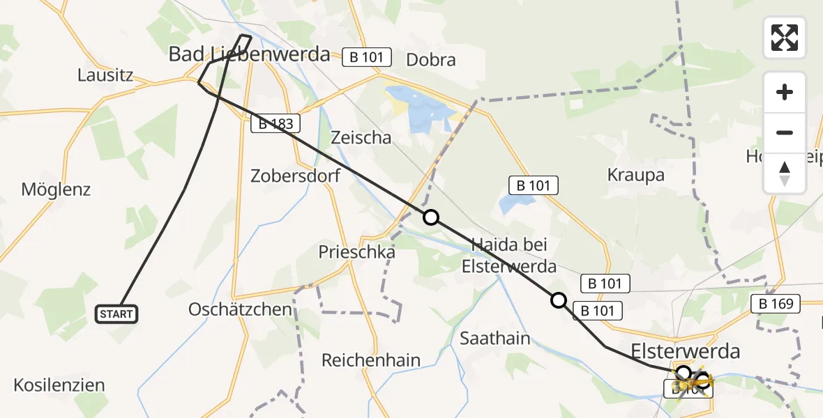 Flugroute Rettungshubschrauber Bad Liebenwerda - Elbe-Elster Hospital Elsterwerda, 02 Mai 2026, 13:18