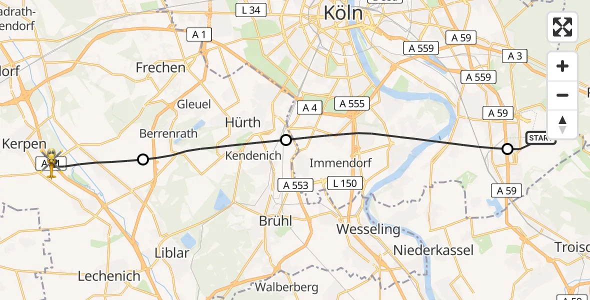 Flugroute Ambulanzhubschrauber Köln Bonn Flughafen - Kerpen, 02 Mai 2026, 13:22