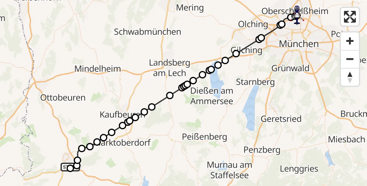 Flugroute Polizeihubschrauber Kempten-Durach Flugplatz - Oberschleissheim Hubschrauberlandeplatz, 02 Mai 2026, 13:23