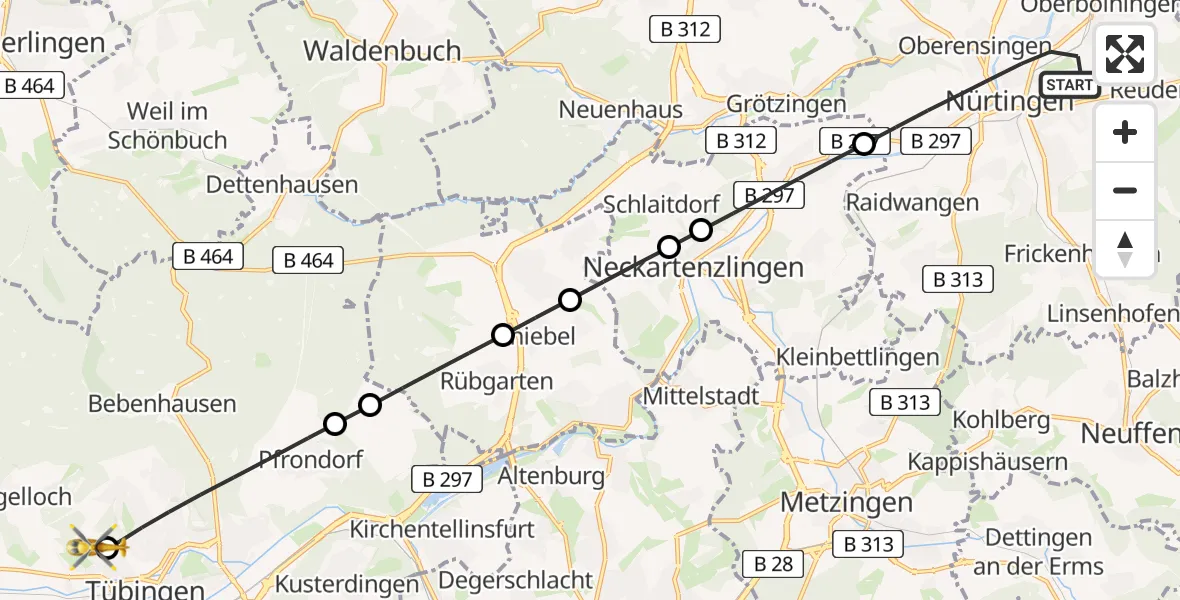 Flugroute Rettungshubschrauber Nürtingen - Tübingen University Hospital, 02 Mai 2026, 13:24