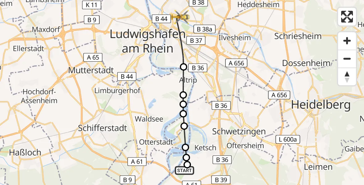 Flugroute Rettungshubschrauber Flugplatz Herrenteich - Mannheim, 02 Mai 2026, 13:25