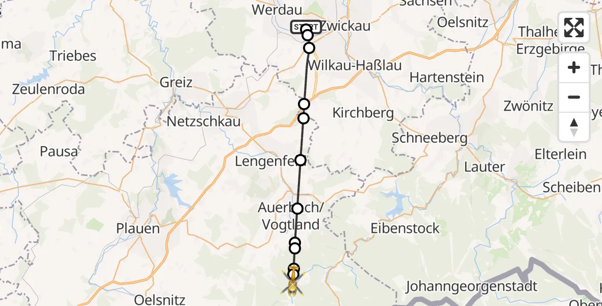 Flugroute Rettungshubschrauber ADAC Air Rescue Station Zwickau Hubschrauberlandeplatz - Muldenhammer, 02 Mai 2026, 13:25