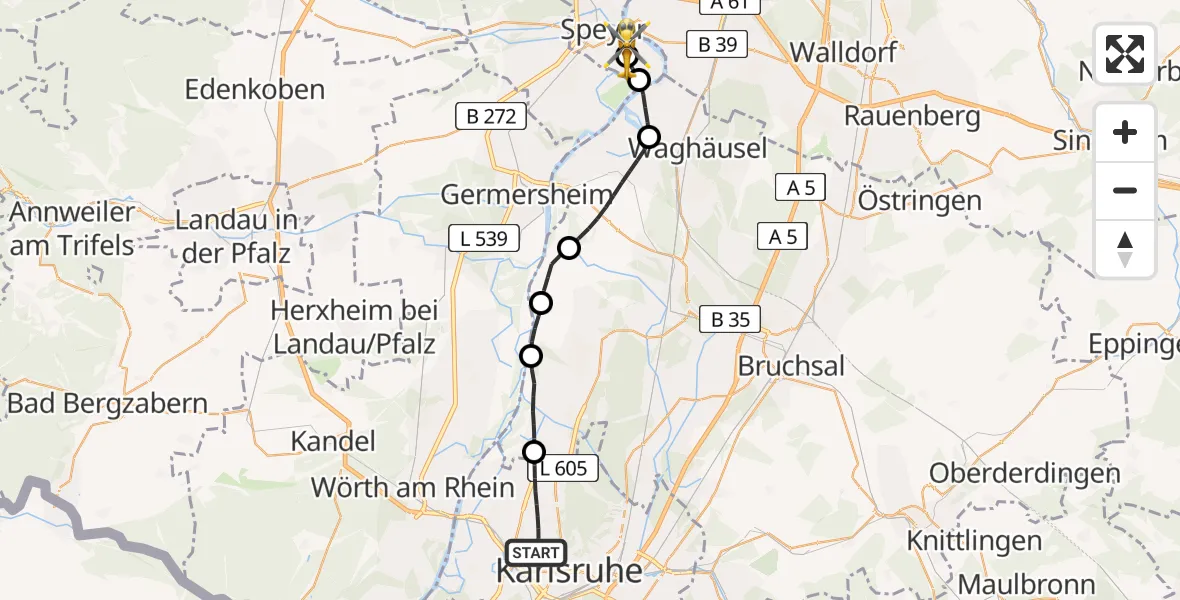 Flugroute Rettungshubschrauber Karlsruhe - Speyer Flugplatz, 02 Mai 2026, 13:26