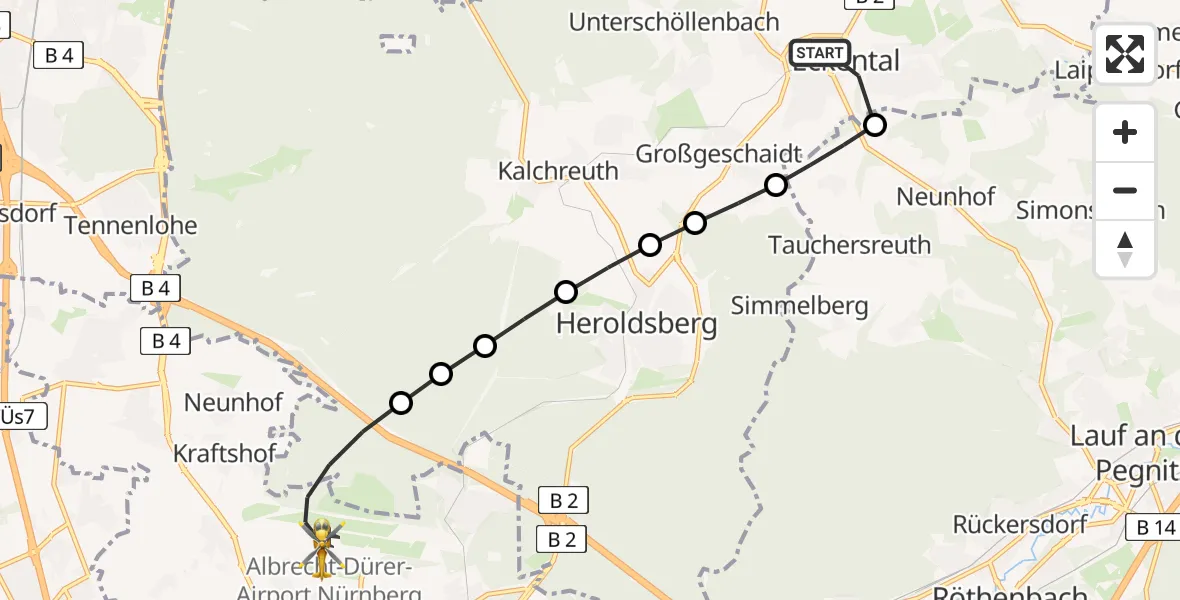 Flugroute Rettungshubschrauber Eckental - Flughafen Nuremberg, 02 Mai 2026, 13:27