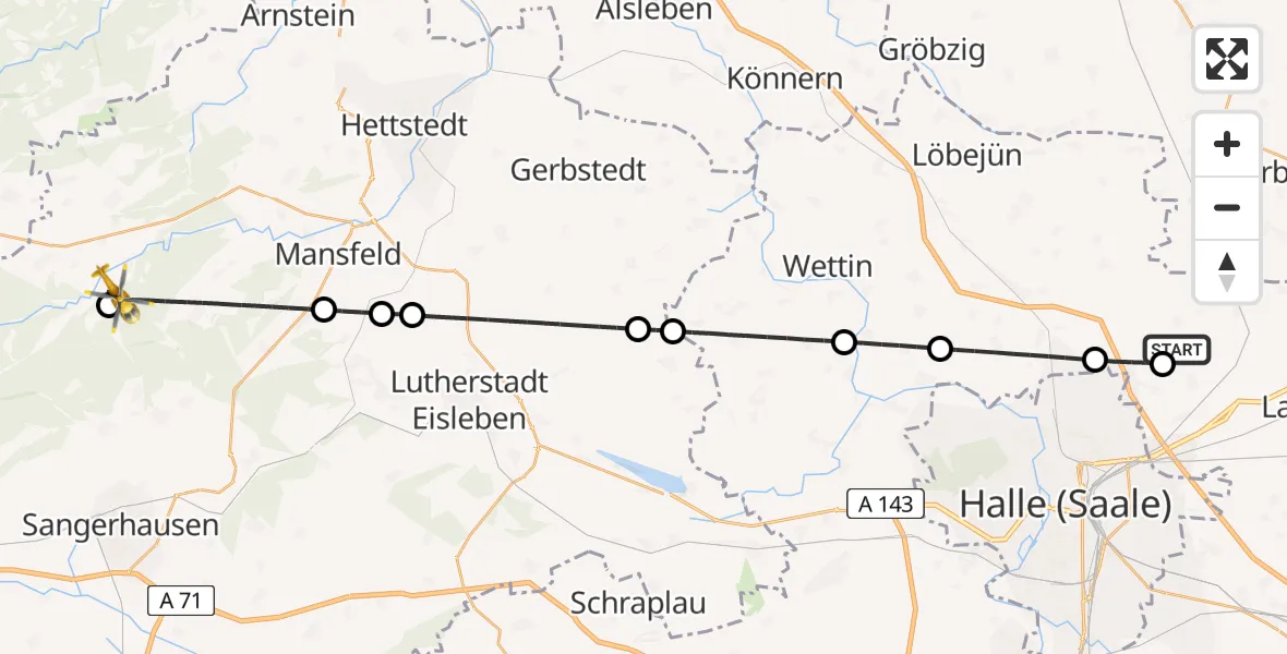 Flugroute Ambulanzhubschrauber Halle-Oppin Flugplatz - Mansfeld, 02 Mai 2026, 13:28