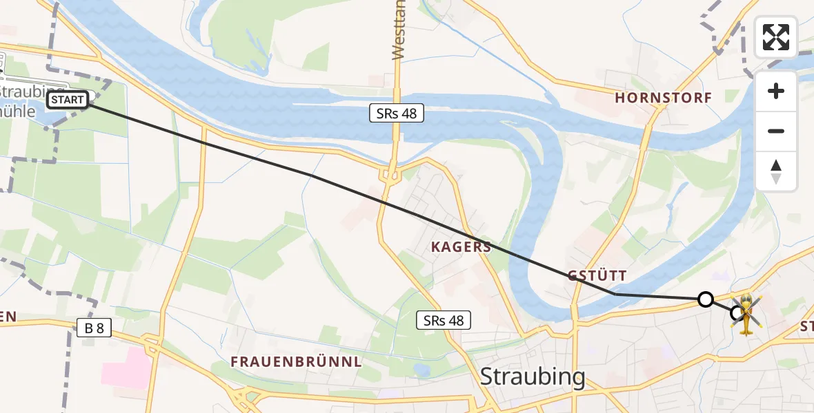 Flugroute Rettungshubschrauber Straubing - Sankt Elisabeth Hospital Straubing, 02 Mai 2026, 13:28