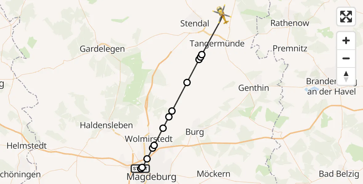 Flugroute Rettungshubschrauber Magdeburg Hospital - Tangermünde, 02 Mai 2026, 13:30