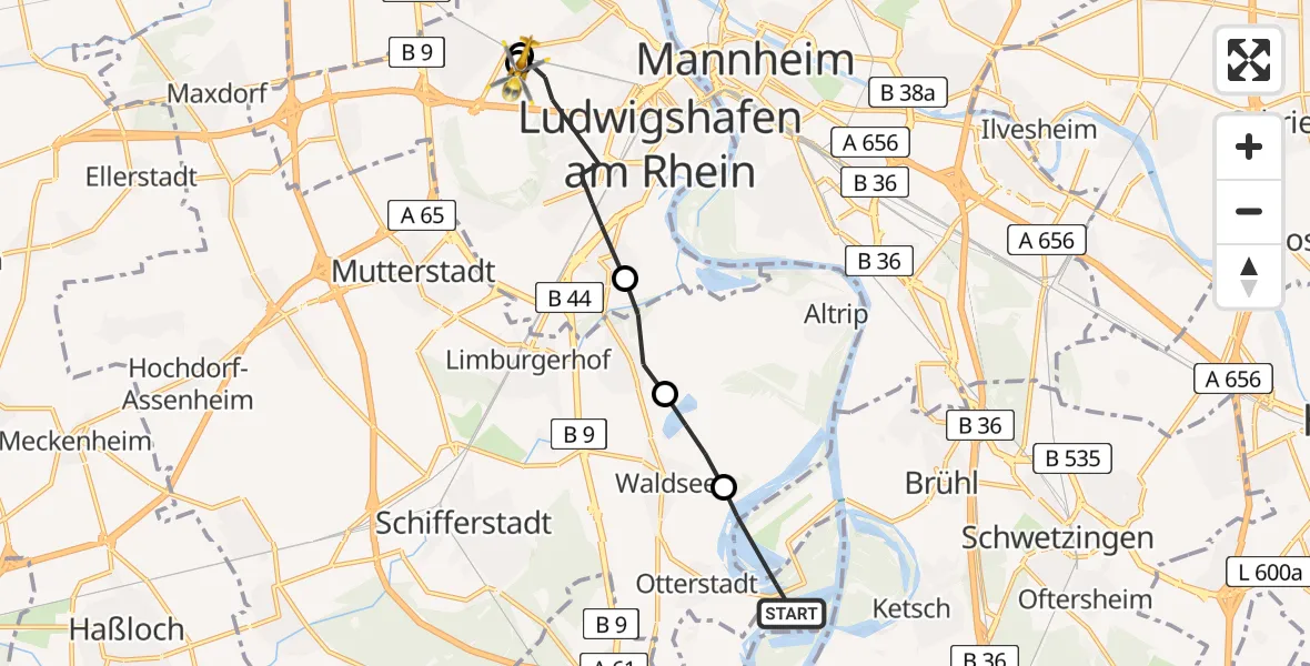 Flugroute Rettungshubschrauber Otterstadt - Ludwigshafen Accident Hospital, 02 Mai 2026, 13:33