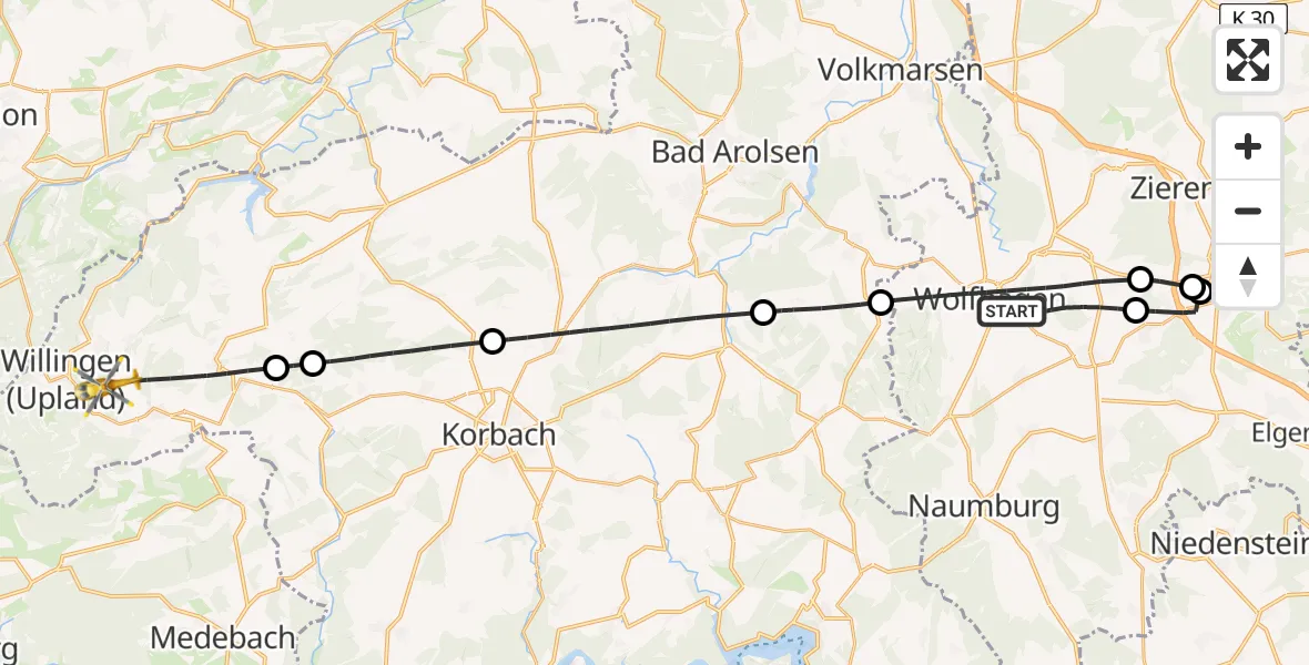 Flugroute Rettungshubschrauber Wolfhagen - Willingen (Upland), 02 Mai 2026, 13:34