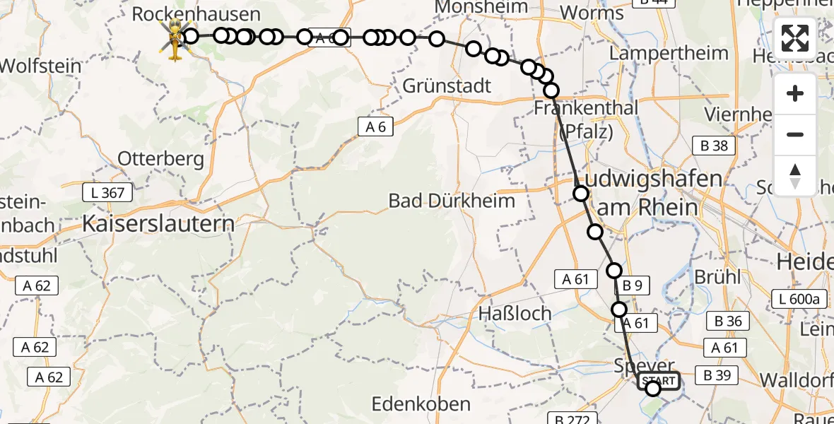 Flugroute Rettungshubschrauber Speyer Flugplatz - Imsweiler UL, 02 Mai 2026, 13:40