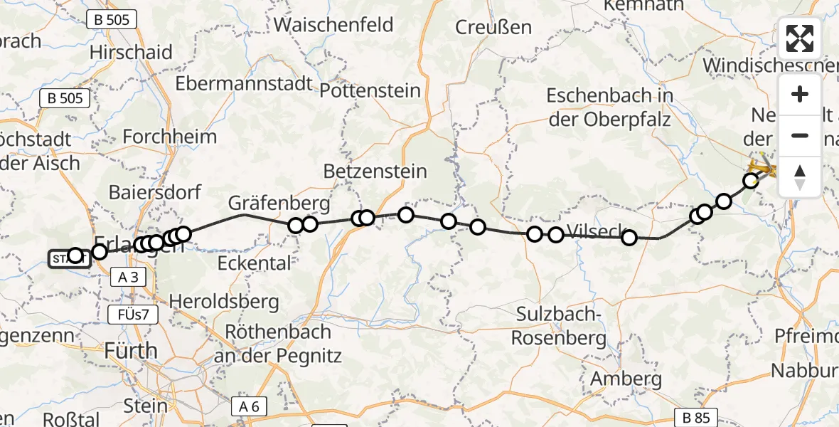 Flugroute Rettungshubschrauber Herzogenaurach Flugplatz - Weiden i.d.OPf., 02 Mai 2026, 13:41