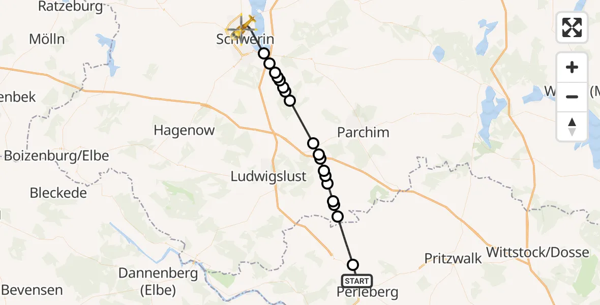 Flugroute Rettungshubschrauber Perleberg - Schwerin, 02 Mai 2026, 13:42