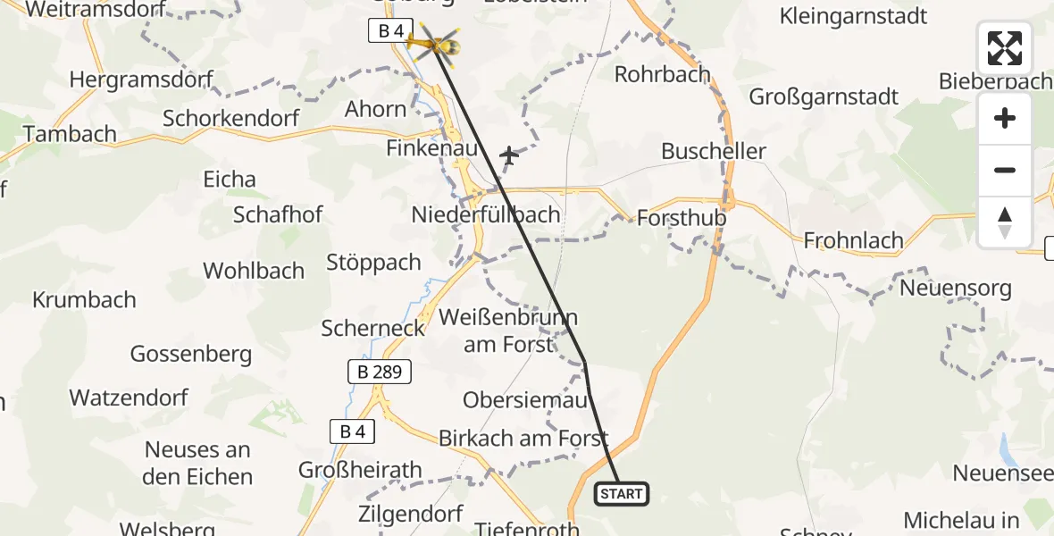 Flugroute Rettungshubschrauber Lichtenfels - Regiomed Hospital Coburg Hubschrauberlandeplatz, 02 Mai 2026, 13:49