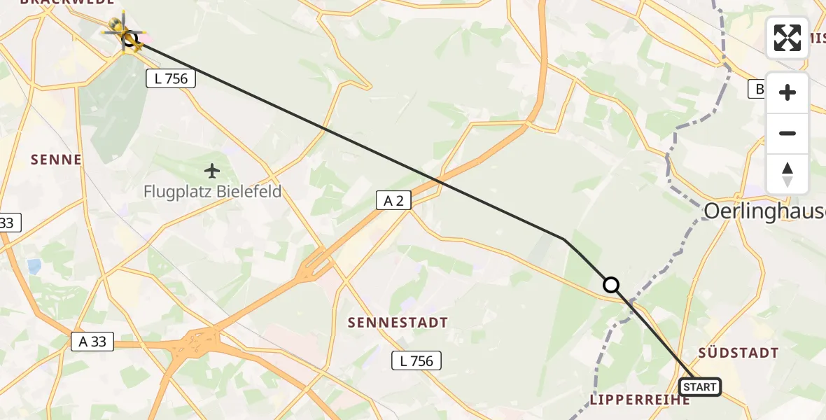 Flugroute Rettungshubschrauber Oerlinghausen - Luftrettungszentrum Bielefeld, 02 Mai 2026, 13:49