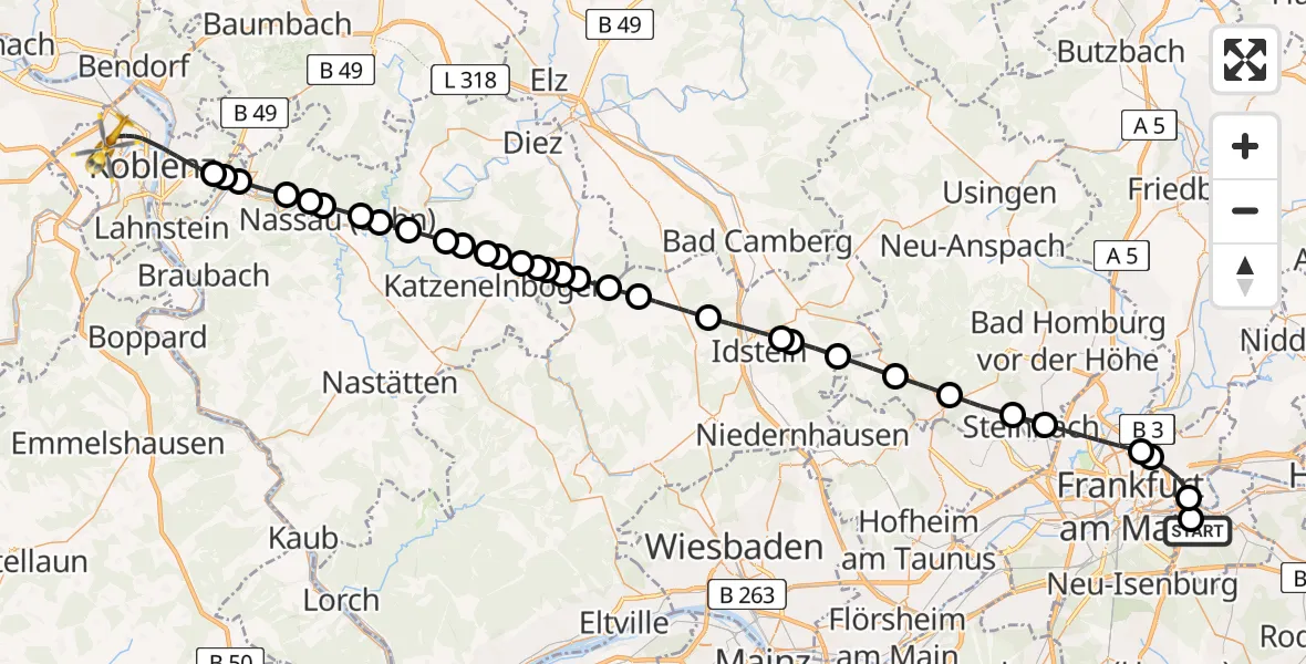Flugroute Rettungshubschrauber Sana Hospital Offenbach - Koblenz, 02 Mai 2026, 13:54
