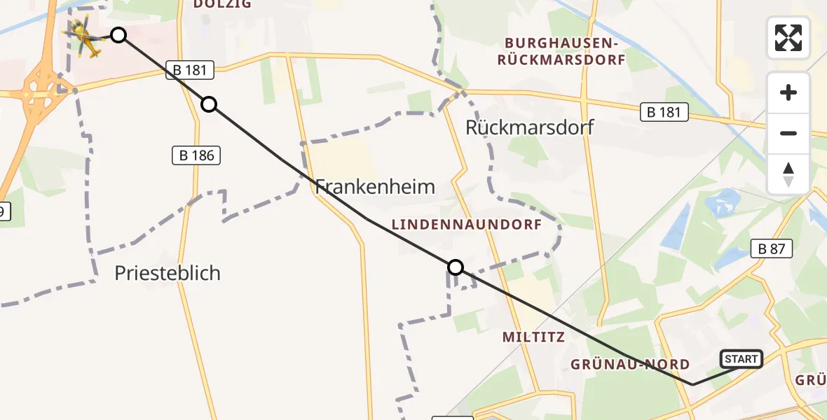 Flugroute Rettungshubschrauber Leipzig - ADAC Air Rescue Station Leipzig/Schkeuditz-Dölzig Hubschrauberlandeplatz (Christoph 61), 02 Mai 2026, 13:58