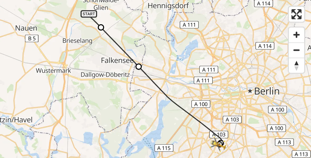 Flugroute Rettungshubschrauber Schönwalde-Glien - Charité Clinic Benjamin Franklin Campus, 02 Mai 2026, 14:03