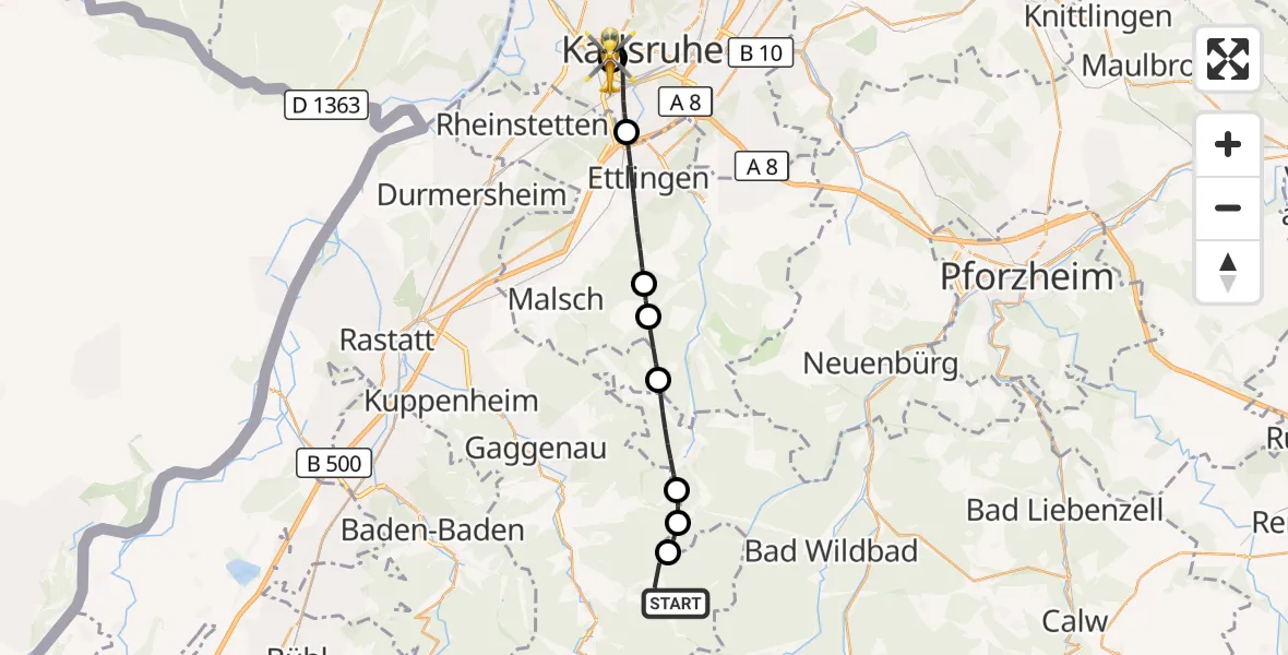 Flugroute Rettungshubschrauber Gernsbach - Sankt Vincentius Hospital, 02 Mai 2026, 14:07