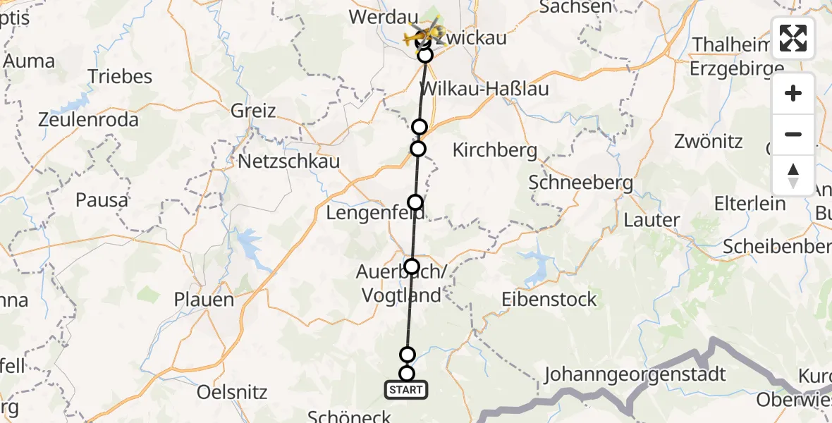 Flugroute Rettungshubschrauber Grünbach - ADAC Air Rescue Station Zwickau Hubschrauberlandeplatz, 02 Mai 2026, 14:09