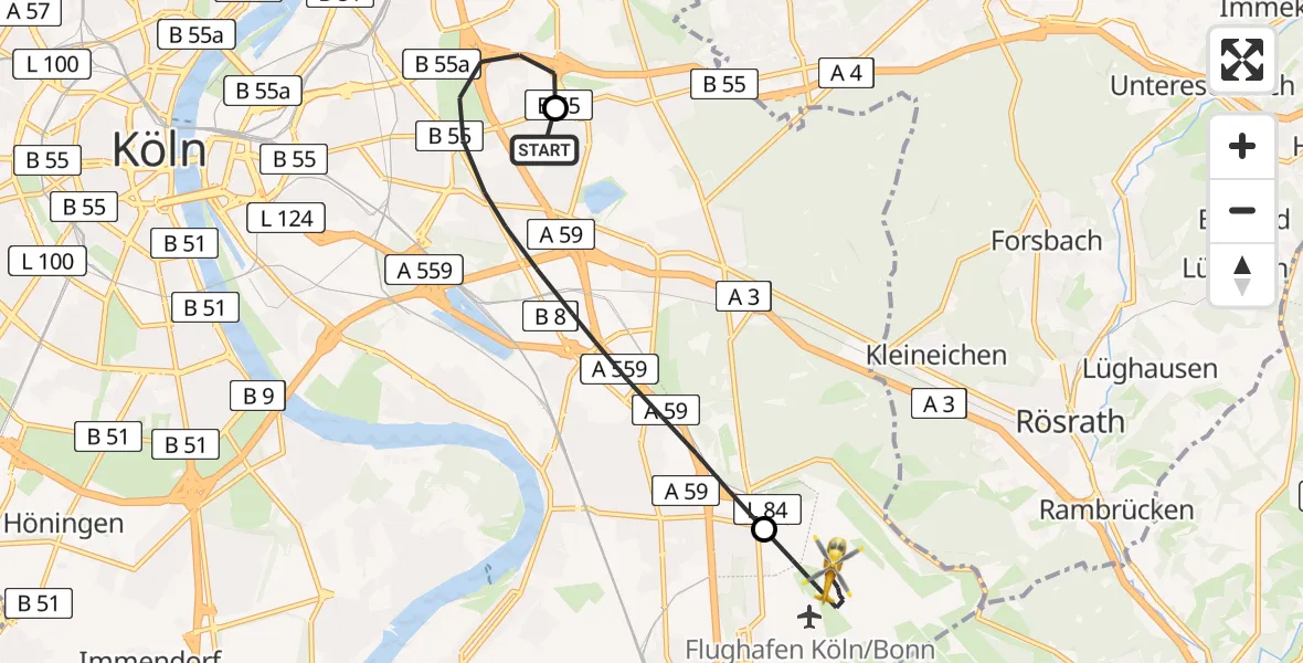 Flugroute Rettungshubschrauber Merheim Hospital - Köln Bonn Flughafen, 02 Mai 2026, 14:10