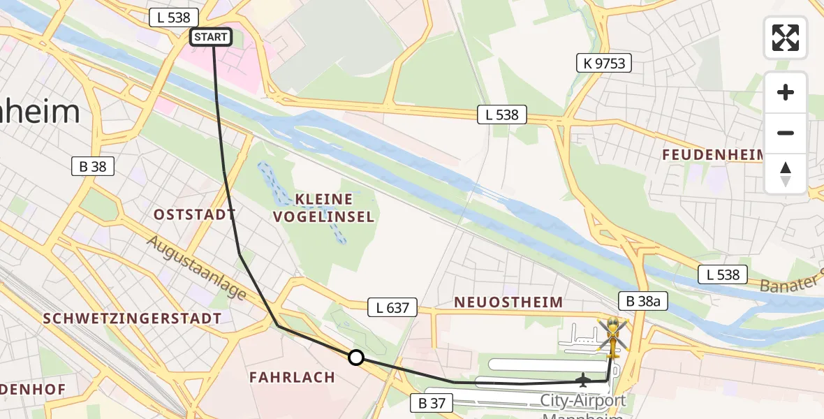 Flugroute Rettungshubschrauber Mannheim - Mannheim-City Flughafen, 02 Mai 2026, 14:11