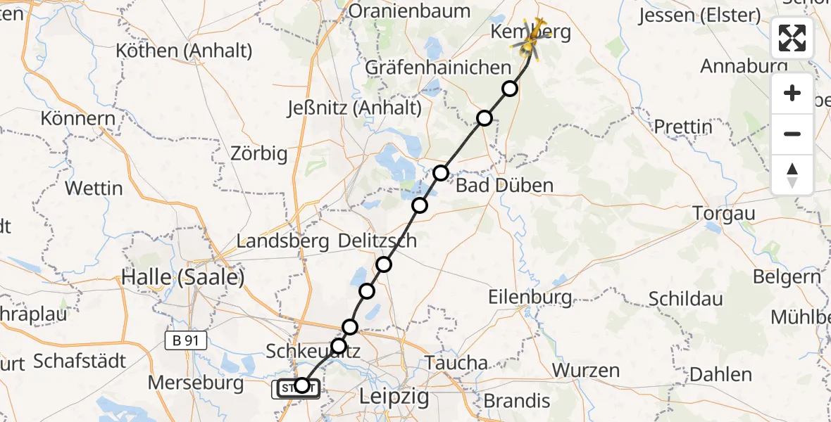 Flugroute Rettungshubschrauber ADAC Air Rescue Station Leipzig/Schkeuditz-Dölzig Hubschrauberlandeplatz (Christoph 61) - Kemberg, 02 Mai 2026, 14:16