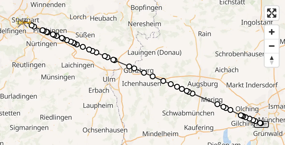 Flugroute Rettungshubschrauber DRF Air Rescue München Hubschrauberlandeplatz - Stuttgart, 02 Mai 2026, 14:25
