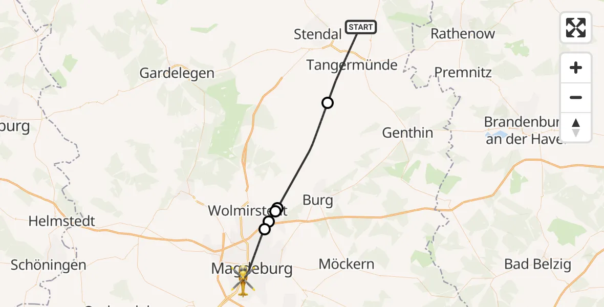 Flugroute Rettungshubschrauber Tangermünde - Magdeburg, 02 Mai 2026, 14:27