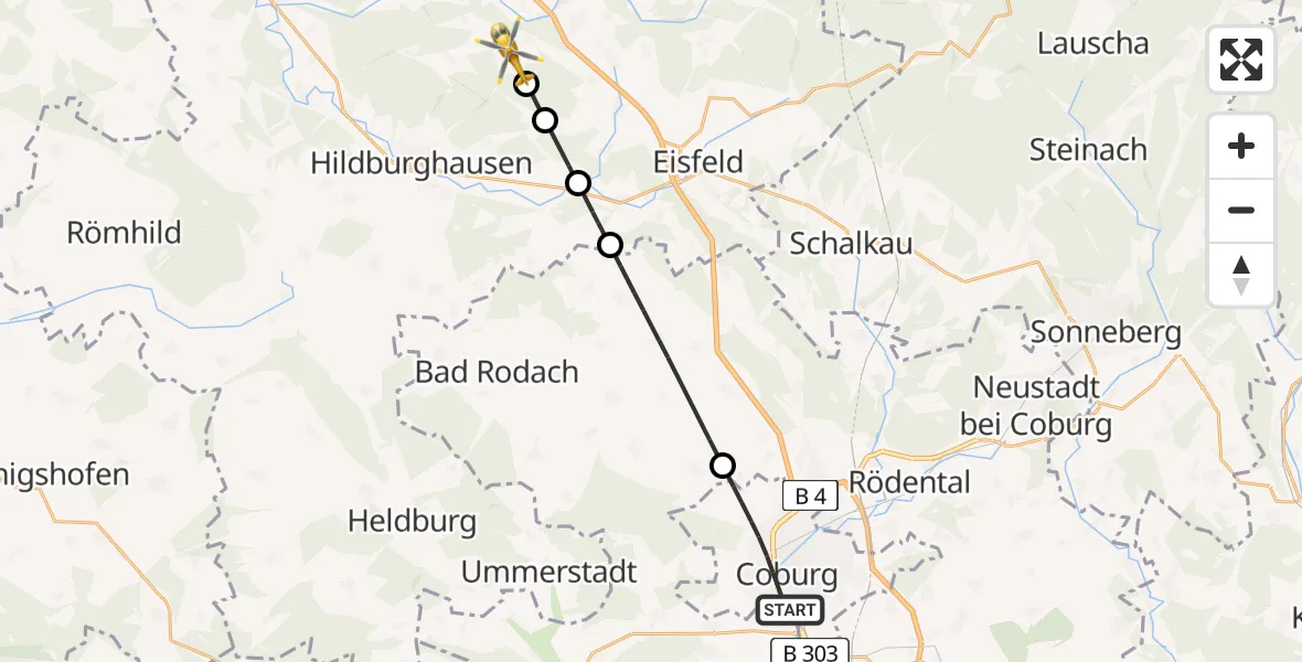 Flugroute Rettungshubschrauber Coburg - Auengrund, 02 Mai 2026, 14:28